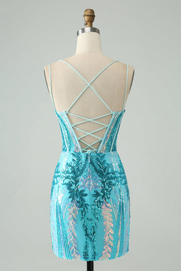 Vestido de cóctel con corsé y tirantes finos ajustados en azul brillante con lentejuelas